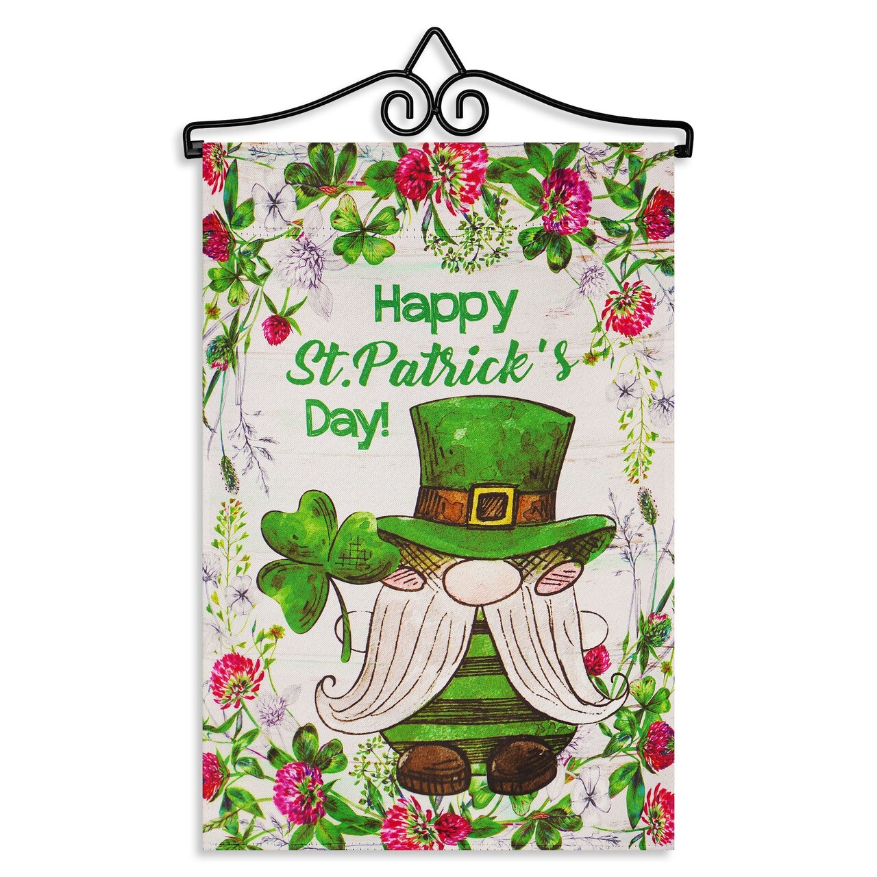 G128 Combo Pack Garden Flag Hanger 14IN & Garden Flag Happy St. Patrick's Day Gnome Leprechaun 12x18IN Printed Double Sided Blockout Fabric